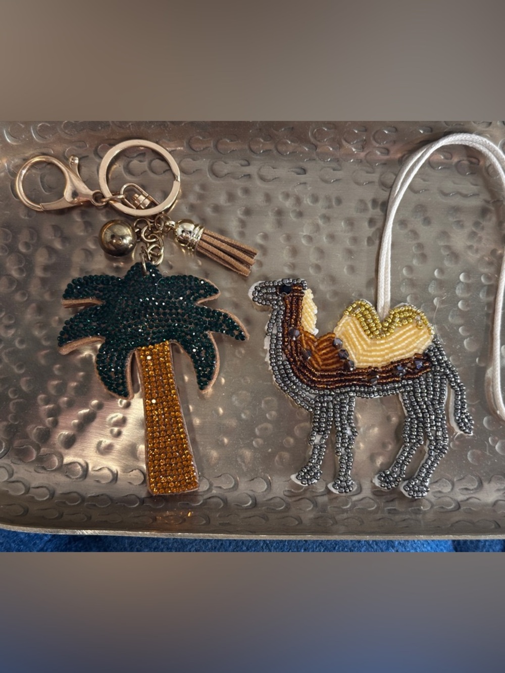 Beaded Camel & Palm Tree bag charm Keychain Set - Gold, Green, Brown